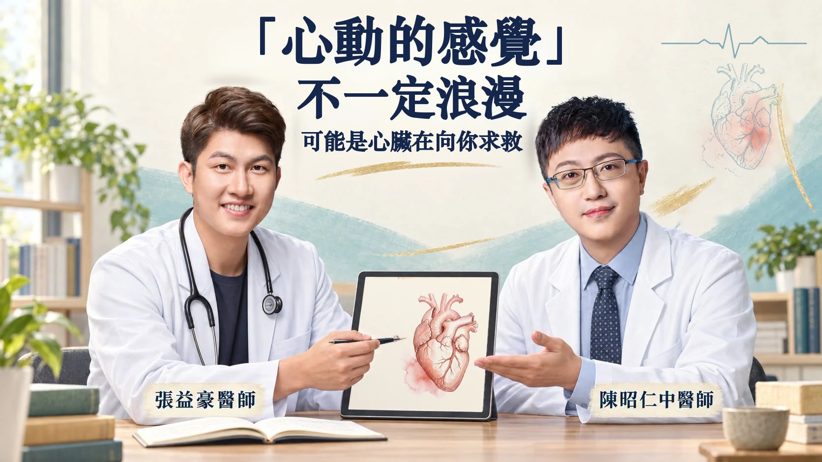 「心動的感覺」不一定浪漫，可能是心臟在向你求救——張益豪醫師與陳昭仁中醫師同桌，平板上是一顆心臟的解剖插畫