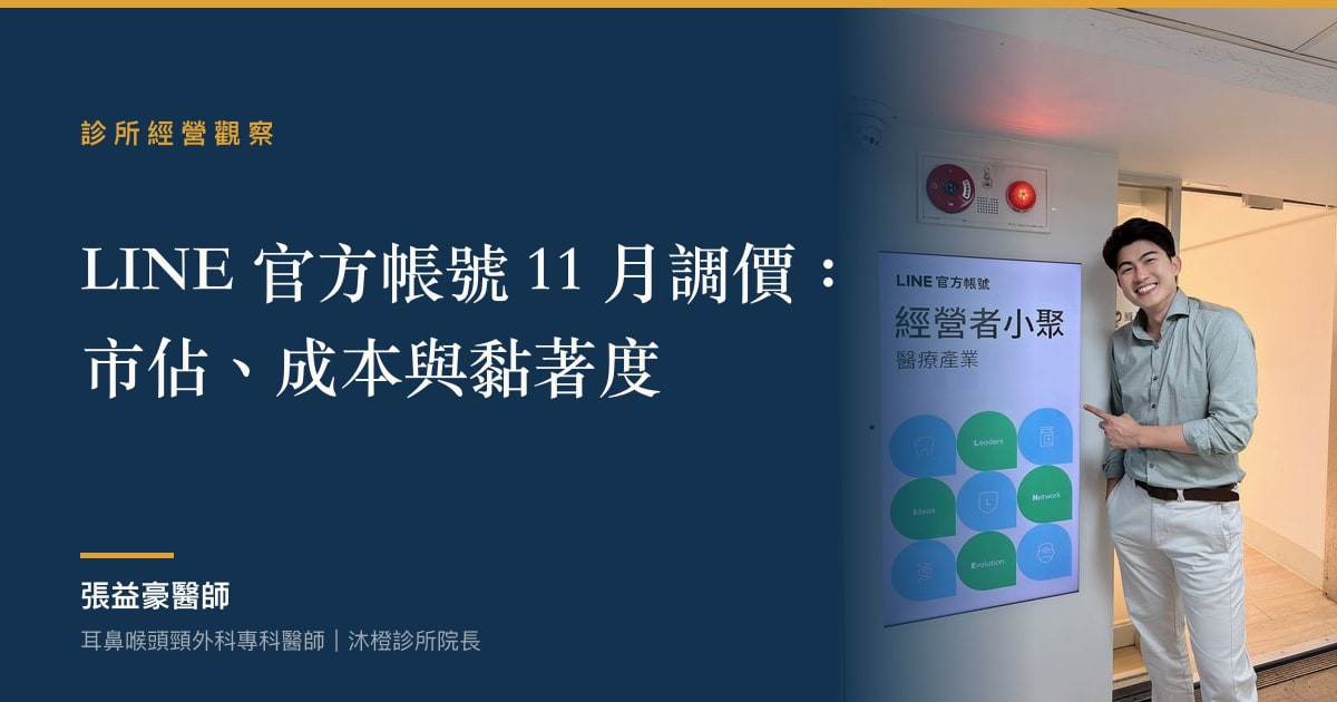 文章主視覺：張益豪醫師，耳鼻喉頭頸外科專科醫師、沐橙診所院長，標題「LINE 官方帳號 11 月調價：市佔、成本與黏著度」