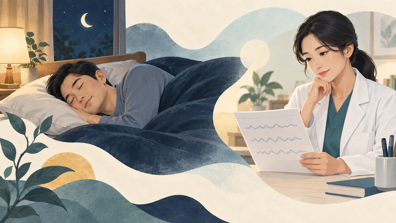 情境插畫：熟睡的成人與查看睡眠紀錄的醫師
