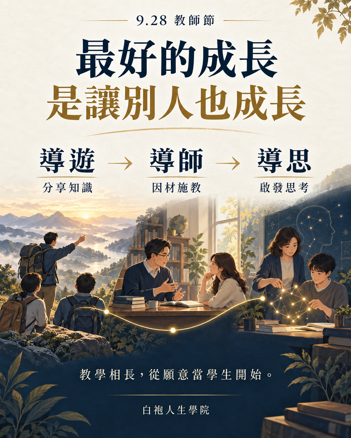 最好的成長，是讓別人也成長。導遊分享知識、導師因材施教、導思啟發思考。