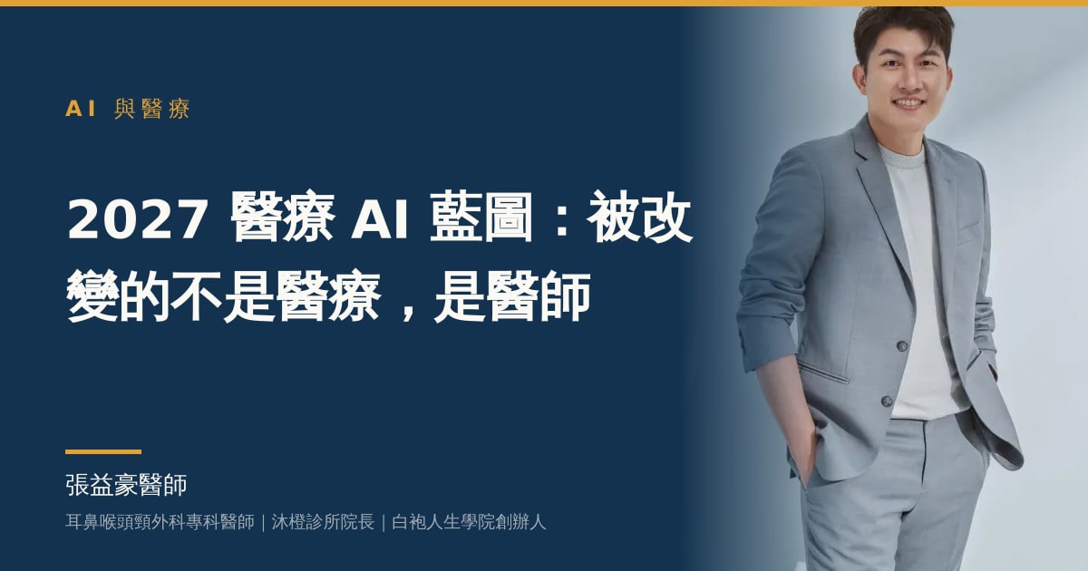 文章主視覺：張益豪醫師，耳鼻喉頭頸外科專科醫師、沐橙診所院長，標題「2027 醫療 AI 藍圖：被改變的不是醫療，是醫師」